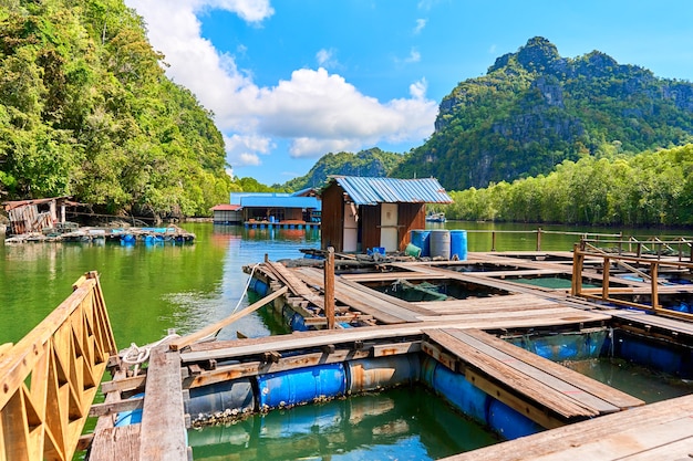 Une ferme piscicole flottante sur l'île de Langkawi en Malaisie.