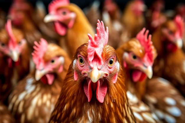 Ferme à poulets avec beaucoup de poulets en bonne santé et d'œufs frais