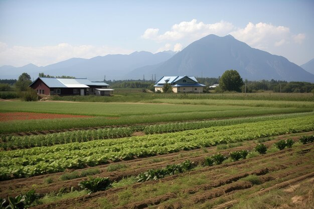 Ferme avec des rangées de cultures au premier plan et des montagnes en arrière-plan créées avec une IA générative