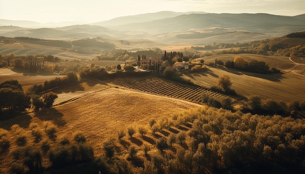 Ferme rustique au milieu des vignes du Chianti au coucher du soleil générée par AI