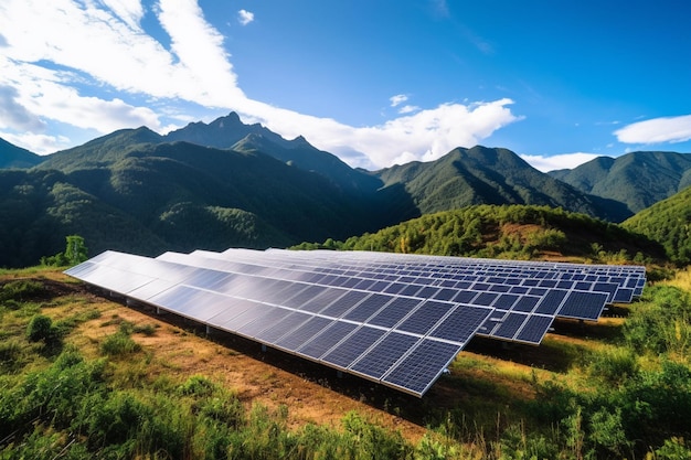 Une ferme solaire dans les montagnes avec un ciel bleu en arrière-plan.