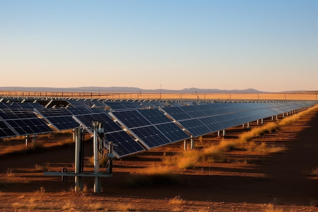 Ferme solaire à grande échelle avec des rangées de panneaux et de turbines en arrière-plan créées avec une IA générative