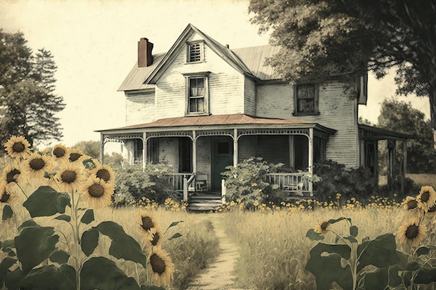 Ferme avec tournesols dans la cour avant