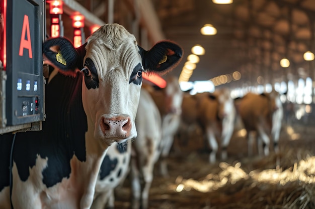 Photo une ferme de vaches de haute technologie gérée par l'intelligence artificielle tableau de bord avec phrase ai et vaches