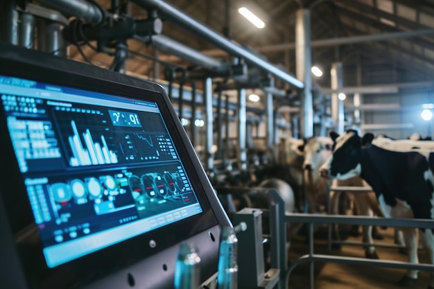 Photo une ferme de vaches de haute technologie gérée par l'intelligence artificielle tableau de bord avec phrase ai et vaches