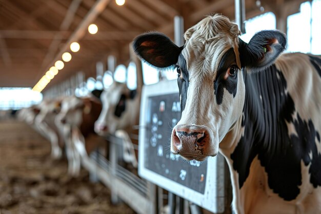 Photo une ferme de vaches de haute technologie gérée par l'intelligence artificielle tableau de bord avec phrase ai et vaches