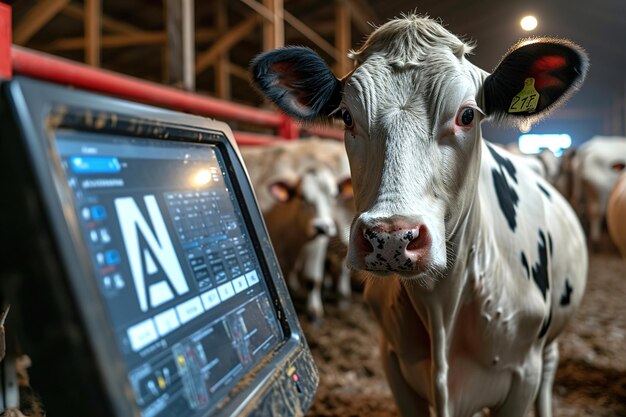 Photo une ferme de vaches de haute technologie gérée par l'intelligence artificielle tableau de bord avec phrase ai et vaches