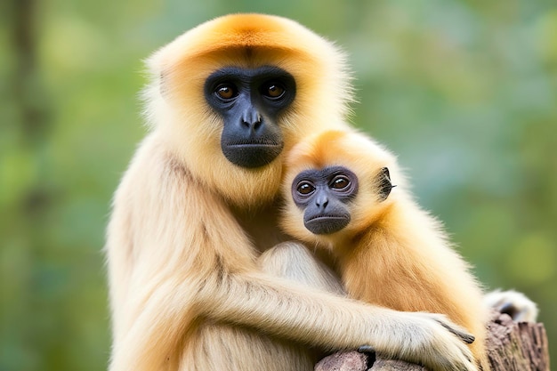 Fermer l'image de Cheeked Gibbon monkey mère avec un enfant dans la forêt Generative AI