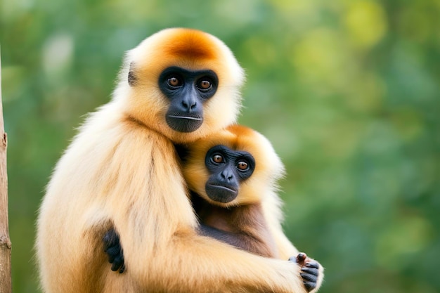 Fermer l'image de Cheeked Gibbon monkey mère avec un enfant dans la forêt Generative AI