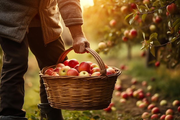 Fermer un panier en bois avec des pommes rouges saisonnières des arbres du jardin