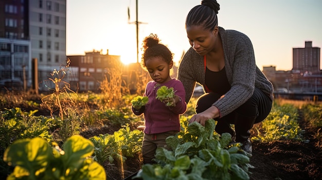 Photo des fermes du centre-ville une famille récolte sans produits chimiques