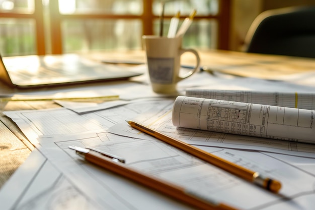 Photo fermeture de la table de travail avec des rapports et des plans