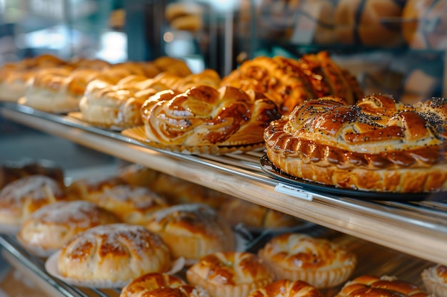 la fermeture des tartes et des gâteaux sur les étagères de la boulangerie