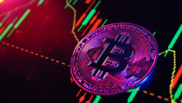 Fermez le bitcoin et la barre graphique du marché boursier numérique sur le noir Cryptocurrency Bitcoin Stock Growth Investir dans des actifs virtuels Plateforme d'investissement avec des graphiques et des pièces de monnaie Bitcoin monnaie numérique