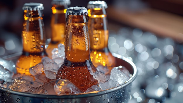 Photo fermez les bouteilles de bière dans un seau de glace bouteilles froides de bière en seau avec de la glace sur une table en bois