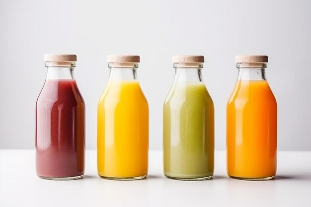 Fermez les bouteilles de jus sur la table avec un fond blanc