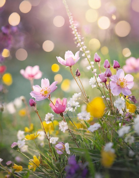 Fermez les fleurs sauvages dans les prairies dans la nature dans les rayons du soleil été et printemps plantes de la nature