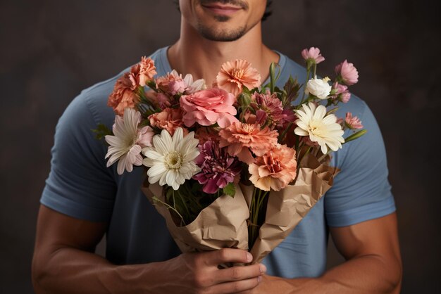 Photo fermez un homme avec un t-shirt tenant un bouquet de fleurs