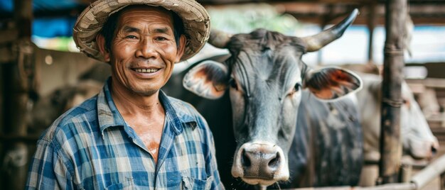 Un fermier adulte debout avec une vache dans une ferme d'élevage