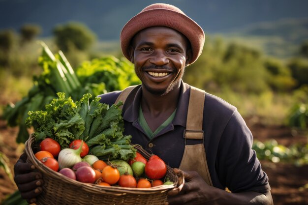 Un fermier africain tenant des légumes biologiques frais