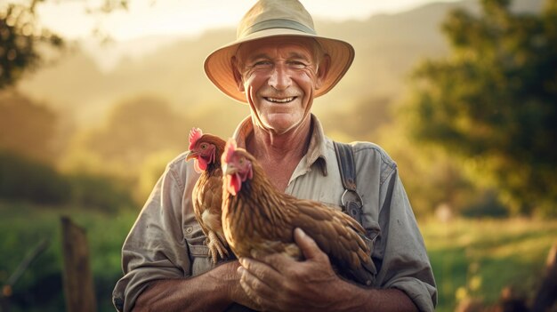 Un fermier âgé tenant un poulet et souriant heureusement dans sa ferme