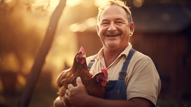 Photo un fermier âgé tenant un poulet et souriant heureusement dans sa ferme