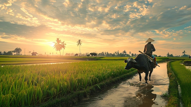 Le fermier amène le buffle dans le champ de riz du matin avec de l'herbe verte.