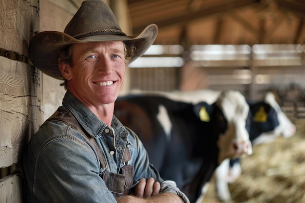 Un fermier américain souriant posant sur le fond des vaches dans l'écurie