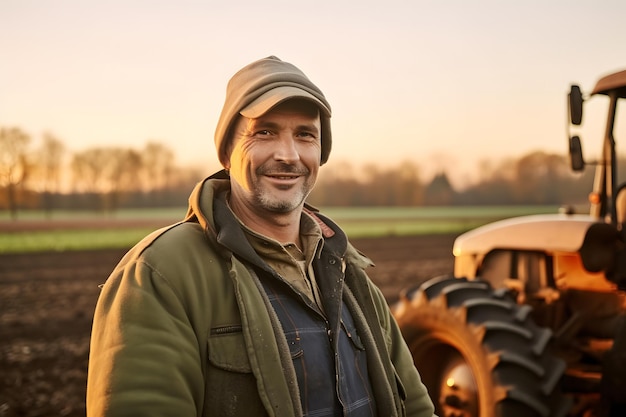 Photo le fermier au milieu de son champ de labour au printemps au petit matin, le réseau neuronal généré