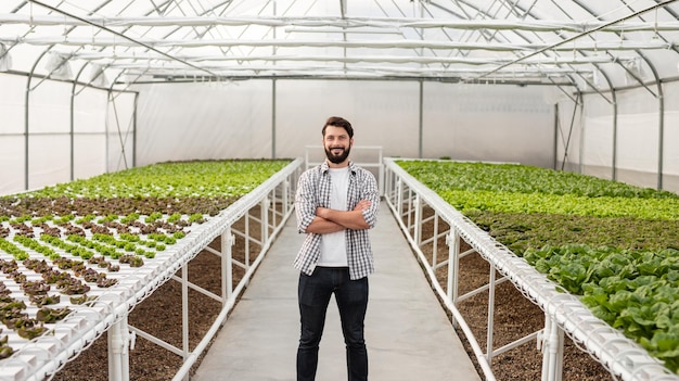 Fermier barbu debout entre des tables hydroponiques en serre