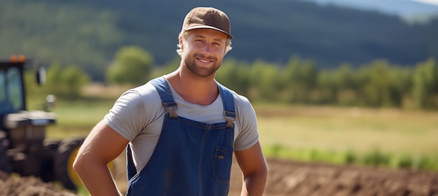 Photo fermier blond caucasien confiant avec des bretelles en denim et un chapeau dans une ferme horizontal 9x4