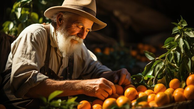 Un fermier avec un chapeau de paille recueille des fruits orange vif dans son jardin