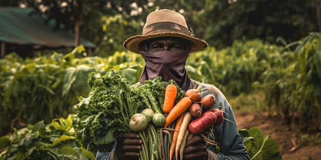 Fermier confiant tenant des légumes au chapeau sur fond abstrait d'énergie positive