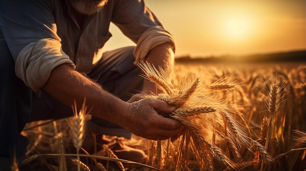 Photo fermier dans le champ de blé au coucher du soleil