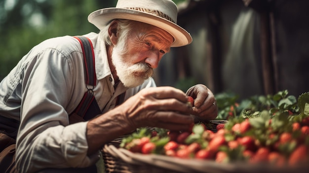 Un fermier dans un panier de fraises