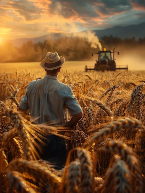 Un fermier debout dans un champ de blé au coucher du soleil et regardant une moissonneuse