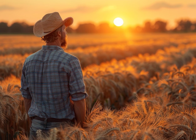 Un fermier debout dans un champ de blé en train de regarder le coucher de soleil.