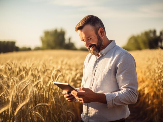 fermier debout dans le champ et utilisant la tablette Homme agricole travaillant sur la tablette