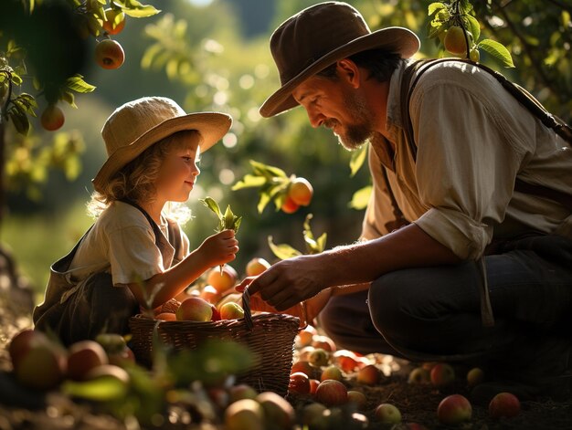 Le fermier et l'enfant récoltent un tas de pommes fraîches récolte du jardin de fruits arrière-plan génératif ai