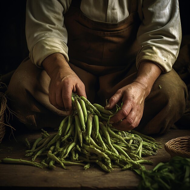 Un fermier avec des faisceaux d'asperges fraîchement récoltées