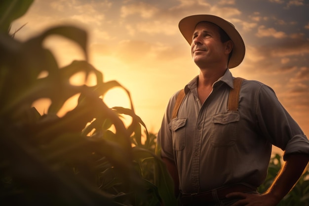 Un fermier fier debout dans un champ Une belle illustration de l'IA générative