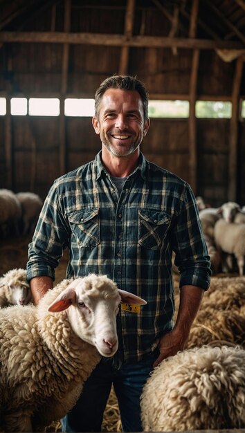 Fermier heureux en chemise à carreaux avec des moutons dans l'écurie de la ferme