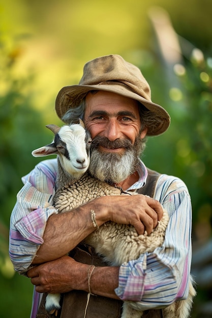 un fermier heureux avec un petit chaton dans ses mains sur le fond de la ferme
