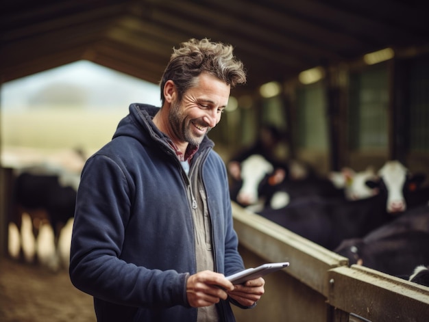 fermier homme éleveur de vaches marchant à l'extérieur au ranch et utilisant un appareil tablette Technologie animaux de ferme