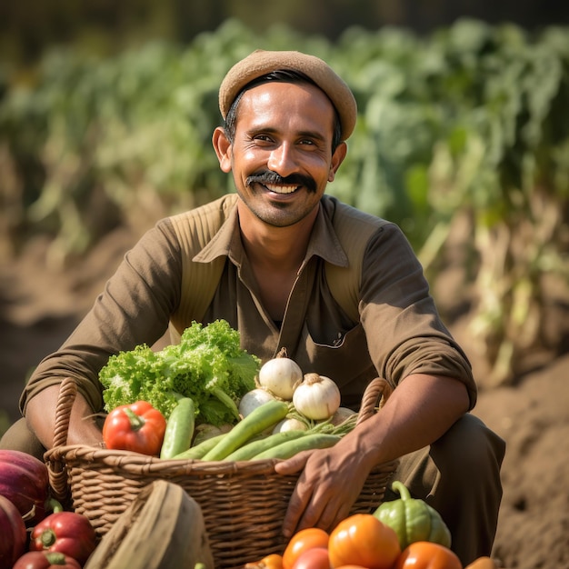 Un fermier indien assis avec un panier plein de légumes dans un champ agricole