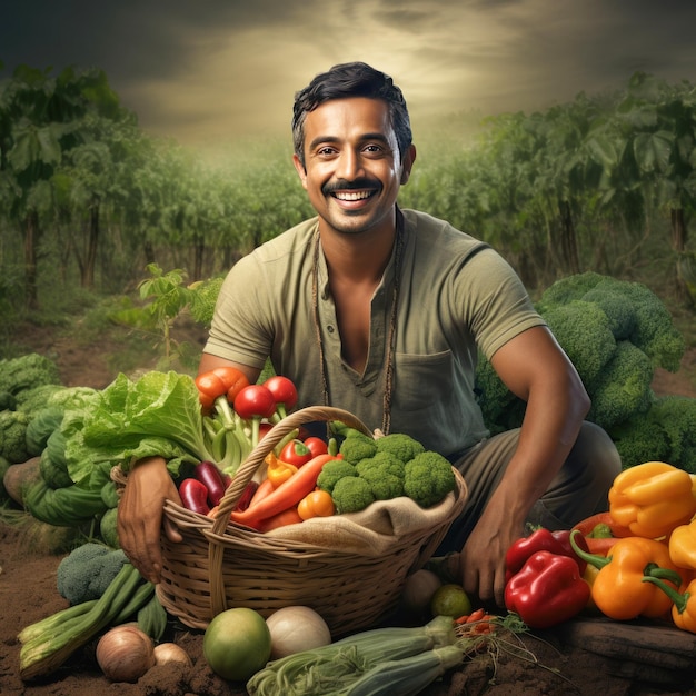 Un fermier indien assis avec un panier plein de légumes dans un champ agricole