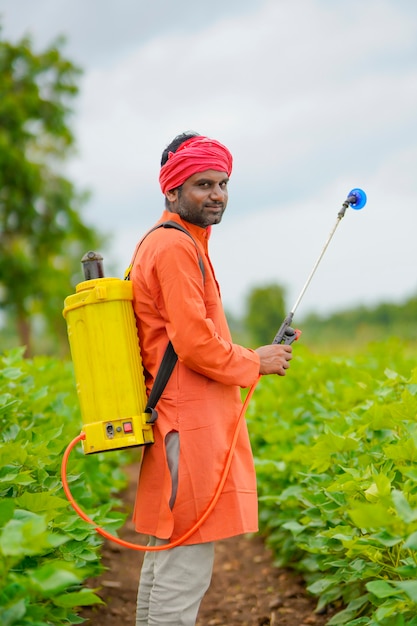 Fermier Indien Pulvérisant Des Pesticides Dans Un Champ De Coton.