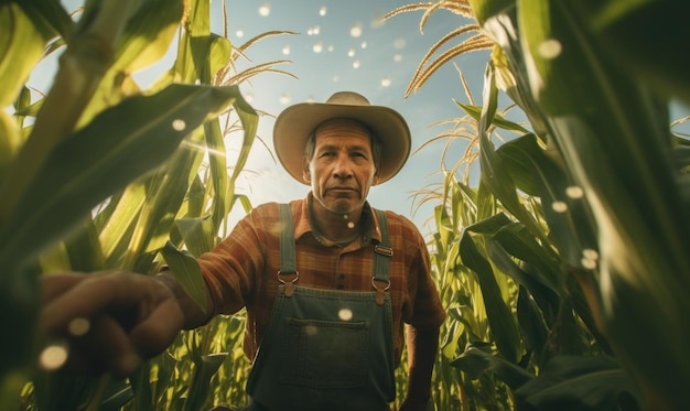 Un fermier inspecte le maïs dans un champ rural