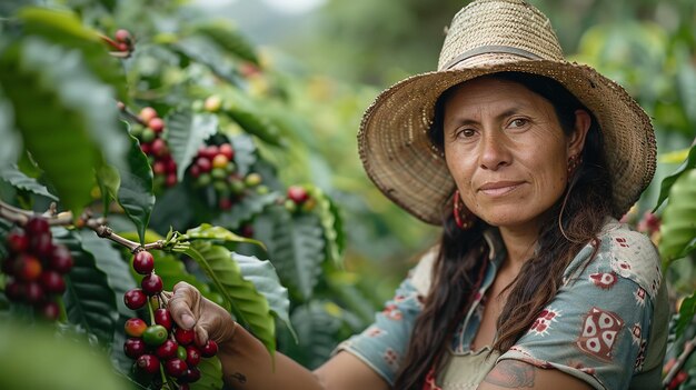 Photo un fermier latino récolte soigneusement des cerises de café