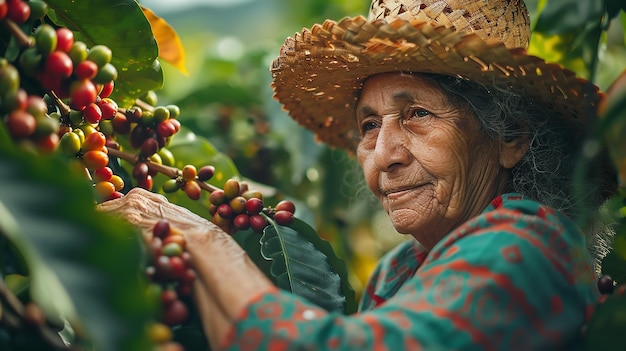 Un fermier latino récolte soigneusement des cerises de café